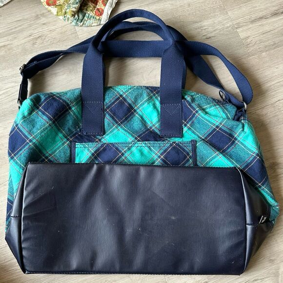 Lands End Weekender Flannel Duffle Bag Blue Green Plaid - Picture 2 of 10